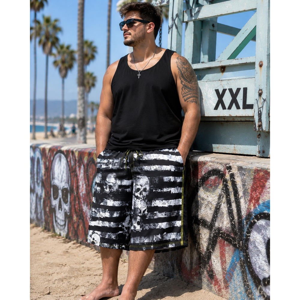 Joe Boxer XXL Skull Board Shorts Y2K Goth Punk Grunge Swim Trunks Black White